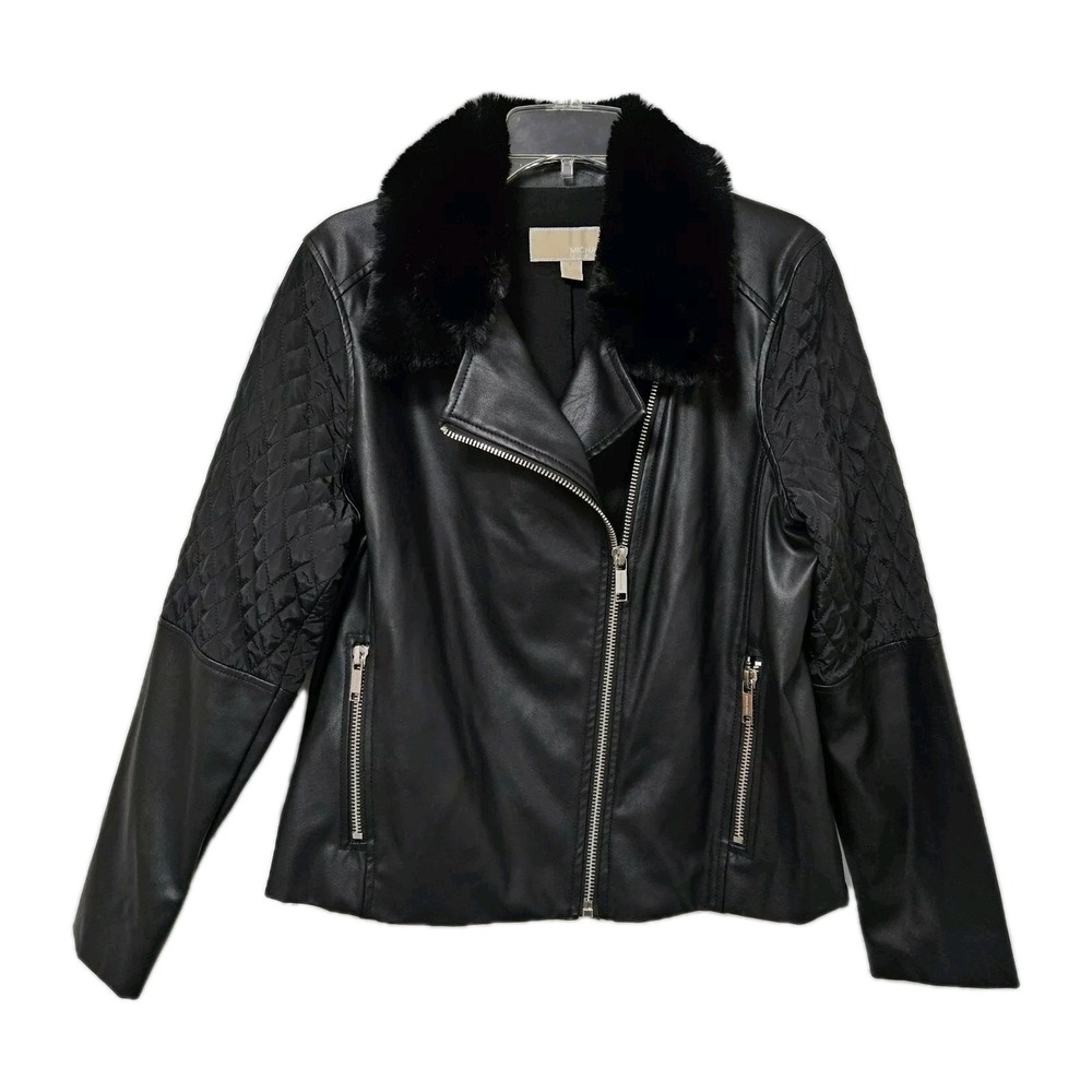 Michael Kors Jacket Women 14 Black Faux Leather Moto Faux Fur Quilted Bikercore